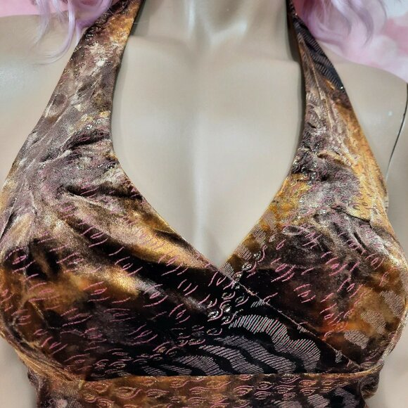 90s Y2k Brown Velvet Halter Dress Size M Mixed Animal Print Gold Glitter Stretch - Picture 3 of 10